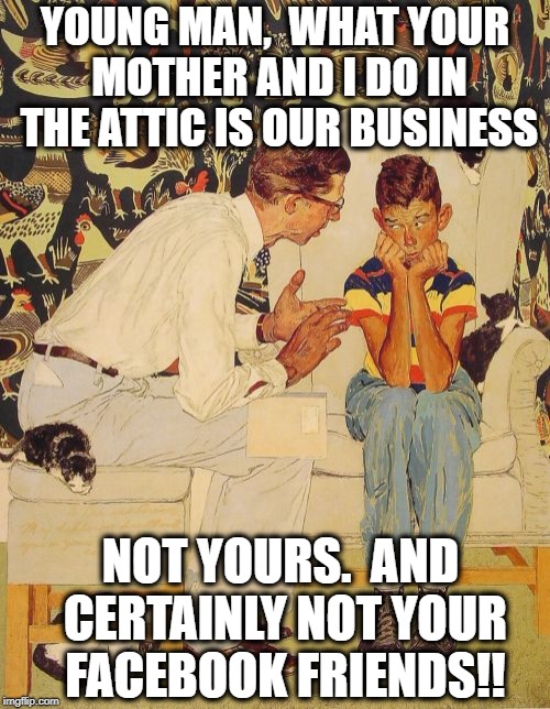 Kids these days,  I'm tellin' ya | YOUNG MAN,  WHAT YOUR MOTHER AND I DO IN THE ATTIC IS OUR BUSINESS; NOT YOURS.  AND CERTAINLY NOT YOUR FACEBOOK FRIENDS!! | image tagged in memes,the probelm is | made w/ Imgflip meme maker