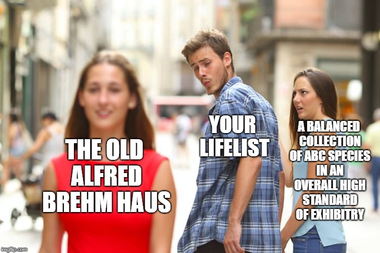 Distracted Boyfriend Meme | A BALANCED COLLECTION OF ABC SPECIES IN AN OVERALL HIGH STANDARD OF EXHIBITRY; YOUR LIFELIST; THE OLD ALFRED BREHM HAUS | image tagged in memes,distracted boyfriend | made w/ Imgflip meme maker