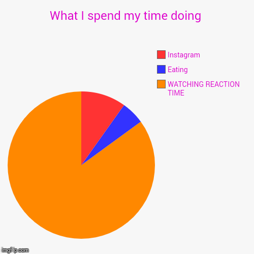 What I spend my time doing | WATCHING REACTION TIME, Eating, Instagram | image tagged in funny,pie charts | made w/ Imgflip chart maker