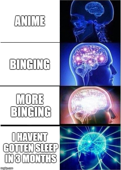 Expanding Brain | ANIME; BINGING; MORE BINGING; I HAVENT GOTTEN SLEEP IN 3 MONTHS | image tagged in memes,expanding brain | made w/ Imgflip meme maker