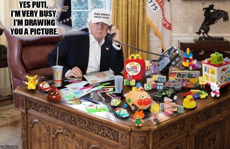 Spongebob is in there. Find him | YES PUTI, I'M VERY BUSY. I'M DRAWING YOU A PICTURE. | image tagged in trump,spongebob week,putin,lazy,donald trump the clown,kids toys | made w/ Imgflip meme maker