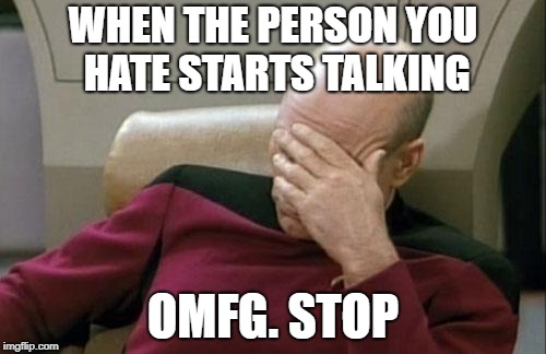 Captain Picard Facepalm Meme | WHEN THE PERSON YOU HATE STARTS TALKING; OMFG. STOP | image tagged in memes,captain picard facepalm | made w/ Imgflip meme maker