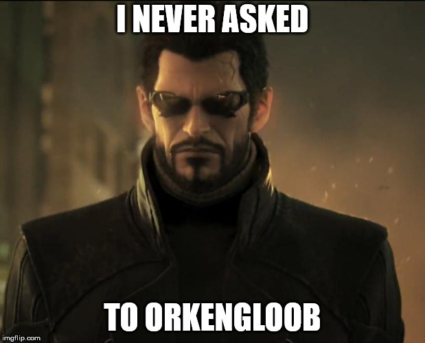 Adam Jensen | I NEVER ASKED; TO ORKENGLOOB | image tagged in adam jensen | made w/ Imgflip meme maker