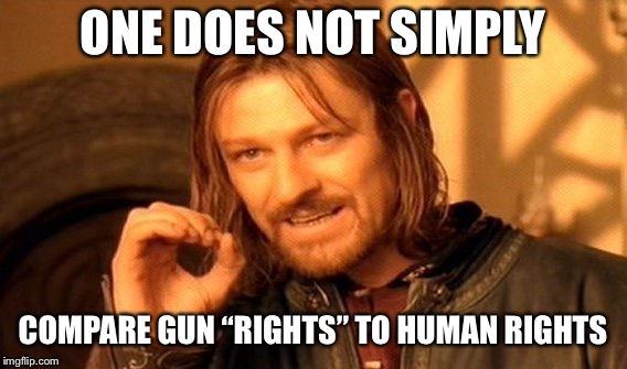 One Does Not Simply Meme | ONE DOES NOT SIMPLY COMPARE GUN “RIGHTS” TO HUMAN RIGHTS | image tagged in memes,one does not simply | made w/ Imgflip meme maker