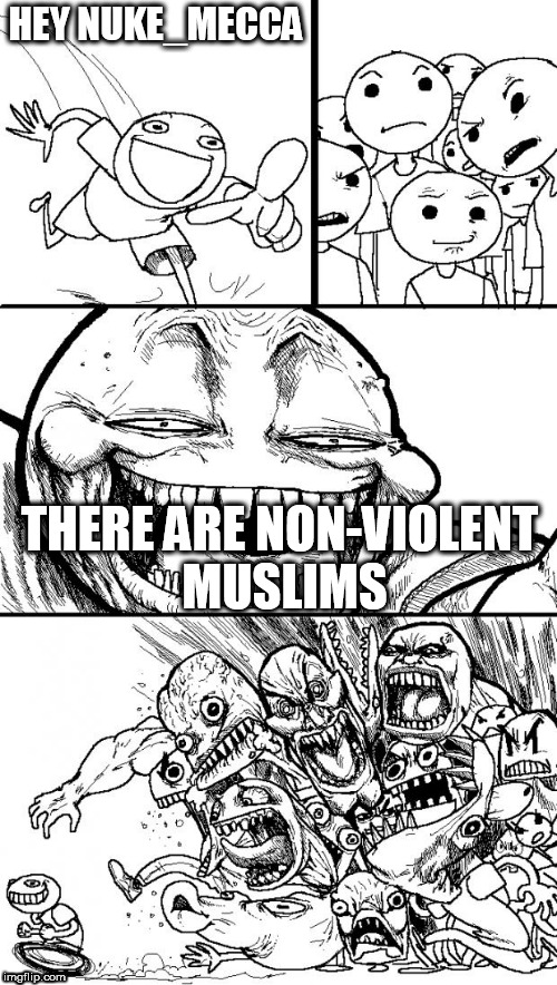 Hey Internet Meme | HEY NUKE_MECCA; THERE ARE NON-VIOLENT MUSLIMS | image tagged in memes,hey internet,nuke_mecca,islamophobia,anti islamophobia,anti-islamophobia | made w/ Imgflip meme maker