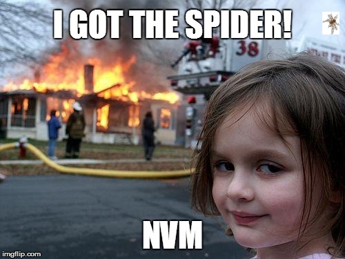 Disaster Girl Meme | I GOT THE SPIDER! NVM | image tagged in memes,disaster girl | made w/ Imgflip meme maker