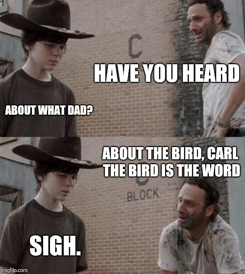 Rick and Carl | HAVE YOU HEARD; ABOUT WHAT DAD? ABOUT THE BIRD, CARL THE BIRD IS THE WORD; SIGH. | image tagged in memes,rick and carl | made w/ Imgflip meme maker