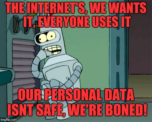 Bender scared boned | THE INTERNET'S, WE WANTS IT, EVERYONE USES IT; OUR PERSONAL DATA ISNT SAFE, WE'RE BONED! | image tagged in bender scared boned | made w/ Imgflip meme maker