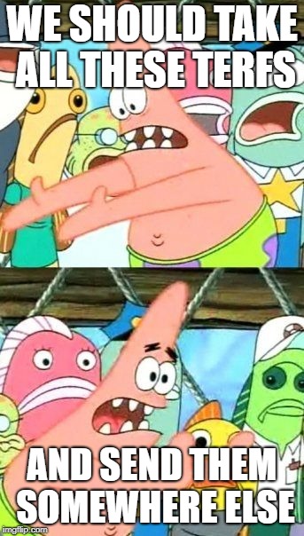 We should take these TERFS... | WE SHOULD TAKE ALL THESE TERFS; AND SEND THEM SOMEWHERE ELSE | image tagged in memes,put it somewhere else patrick,tumblr,terfs,transphobia,bigotry | made w/ Imgflip meme maker