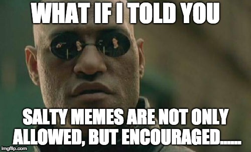 Matrix Morpheus | WHAT IF I TOLD YOU; SALTY MEMES ARE NOT ONLY ALLOWED, BUT ENCOURAGED...... | image tagged in memes,matrix morpheus | made w/ Imgflip meme maker