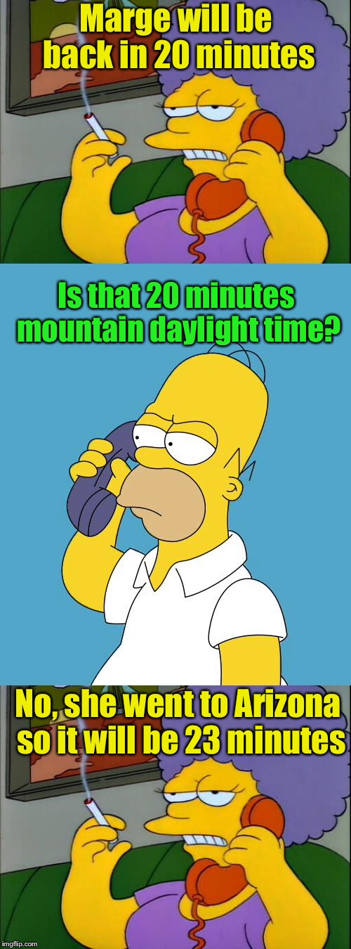 Time zones for dummies | Marge will be back in 20 minutes; Is that 20 minutes mountain daylight time? No, she went to Arizona so it will be 23 minutes | image tagged in memes,simpsons,daylight savings time,phone,arizona,homer simpson | made w/ Imgflip meme maker