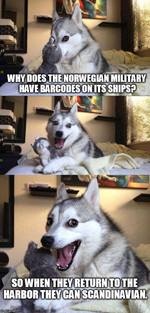 Bad Pun Dog Meme | WHY DOES THE NORWEGIAN MILITARY HAVE BARCODES ON ITS SHIPS? SO WHEN THEY RETURN TO THE HARBOR THEY CAN SCANDINAVIAN. | image tagged in memes,bad pun dog | made w/ Imgflip meme maker