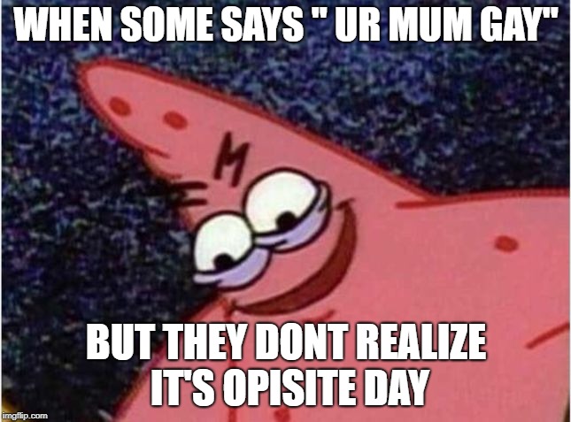 Evil patrick | WHEN SOME SAYS " UR MUM GAY"; BUT THEY DONT REALIZE IT'S OPISITE DAY | image tagged in evil patrick | made w/ Imgflip meme maker