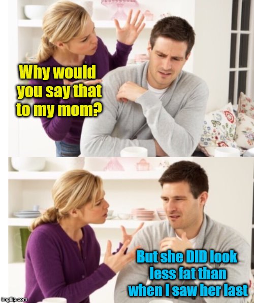 It's actually a compliment. |  Why would you say that to my mom? But she DID look less fat than when I saw her last | image tagged in arguing couple 1,memes,mother in law,fat | made w/ Imgflip meme maker
