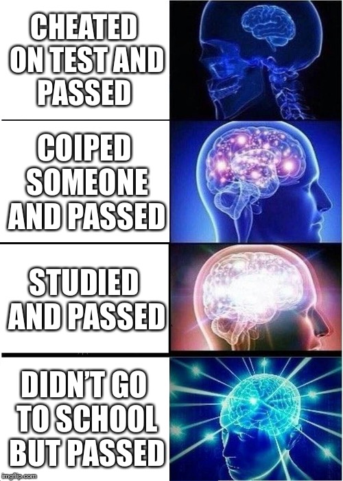 Expanding Brain Meme | CHEATED ON TEST AND PASSED; COIPED SOMEONE AND PASSED; STUDIED AND PASSED; DIDN’T GO TO SCHOOL BUT PASSED | image tagged in memes,expanding brain | made w/ Imgflip meme maker