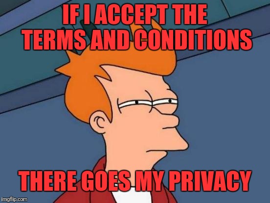 Futurama Fry | IF I ACCEPT THE TERMS AND CONDITIONS; THERE GOES MY PRIVACY | image tagged in memes,futurama fry | made w/ Imgflip meme maker