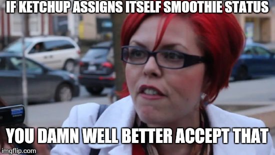fem ho | IF KETCHUP ASSIGNS ITSELF SMOOTHIE STATUS YOU DAMN WELL BETTER ACCEPT THAT | image tagged in fem ho | made w/ Imgflip meme maker