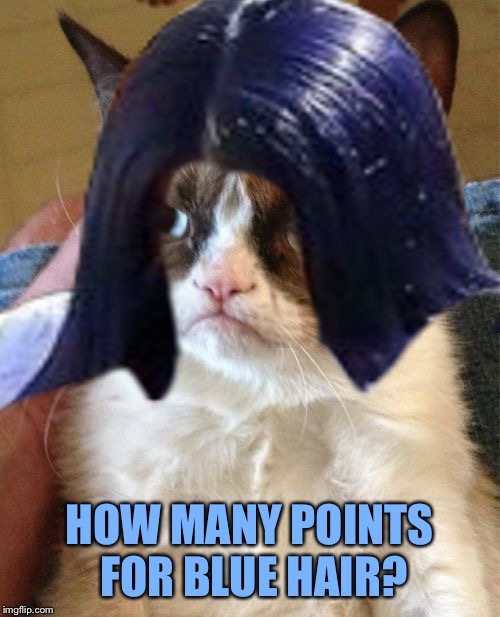 Grumpy Mima | HOW MANY POINTS FOR BLUE HAIR? | image tagged in grumpy mima | made w/ Imgflip meme maker