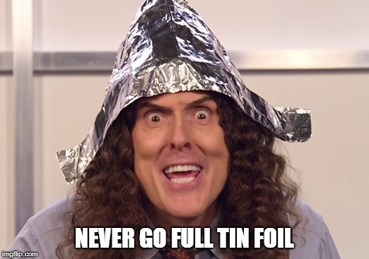 Never Go Full Tin Foil | NEVER GO FULL TIN FOIL | image tagged in weird al,tin foil,tin foil hat,never go full tin foil | made w/ Imgflip meme maker
