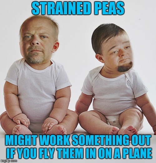 Pawn stars babies | STRAINED PEAS; MIGHT WORK SOMETHING OUT IF YOU FLY THEM IN ON A PLANE | image tagged in pawn stars babies | made w/ Imgflip meme maker