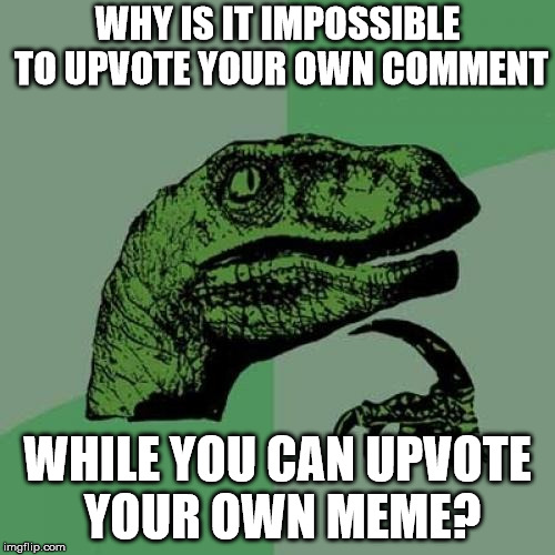 Philosoraptor Meme | WHY IS IT IMPOSSIBLE TO UPVOTE YOUR OWN COMMENT; WHILE YOU CAN UPVOTE YOUR OWN MEME? | image tagged in memes,philosoraptor | made w/ Imgflip meme maker