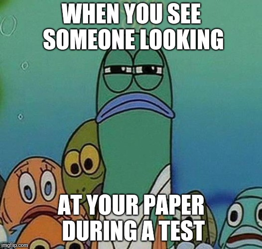 Awkward Random Man Stare | WHEN YOU SEE SOMEONE LOOKING; AT YOUR PAPER DURING A TEST | image tagged in awkward random man stare | made w/ Imgflip meme maker