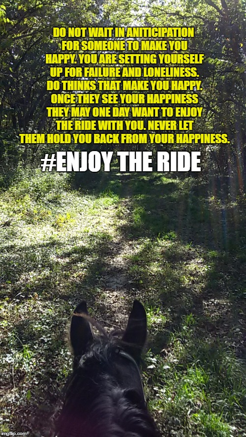 ENJOY THE RIDE | DO NOT WAIT IN ANITICIPATION FOR SOMEONE TO MAKE YOU HAPPY. YOU ARE SETTING YOURSELF UP FOR FAILURE AND LONELINESS. DO THINKS THAT MAKE YOU HAPPY. ONCE THEY SEE YOUR HAPPINESS THEY MAY ONE DAY WANT TO ENJOY THE RIDE WITH YOU. NEVER LET THEM HOLD YOU BACK FROM YOUR HAPPINESS. #ENJOY THE RIDE | image tagged in happiness,enjoy the ride,horseback riding,not happy in relationship,lonely,love horses | made w/ Imgflip meme maker