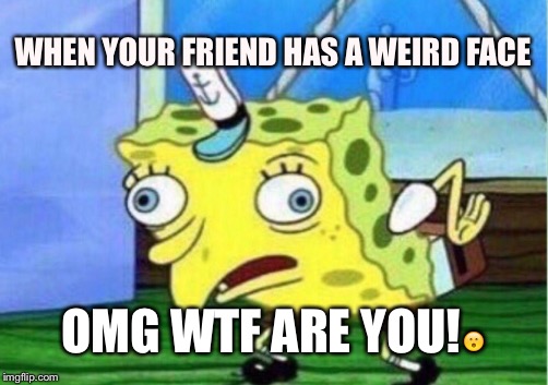 Mocking Spongebob Meme | WHEN YOUR FRIEND HAS A WEIRD FACE; OMG WTF ARE YOU!😮 | image tagged in memes,mocking spongebob | made w/ Imgflip meme maker