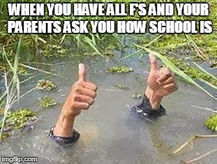 FLOODING THUMBS UP | WHEN YOU HAVE ALL F'S AND YOUR PARENTS ASK YOU HOW SCHOOL IS | image tagged in flooding thumbs up | made w/ Imgflip meme maker