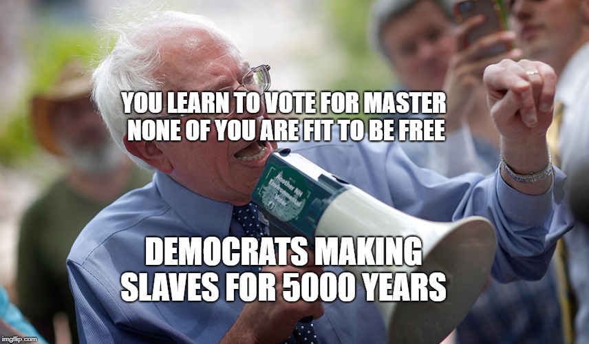 Bernie Sanders megaphone | YOU LEARN TO VOTE FOR MASTER   NONE OF YOU ARE FIT TO BE FREE; DEMOCRATS MAKING SLAVES FOR 5000 YEARS | image tagged in bernie sanders megaphone | made w/ Imgflip meme maker