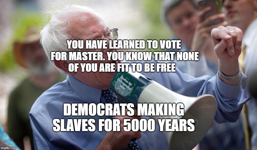 Bernie Sanders megaphone | YOU HAVE LEARNED TO VOTE FOR MASTER. YOU KNOW THAT NONE OF YOU ARE FIT TO BE FREE; DEMOCRATS MAKING SLAVES FOR 5000 YEARS | image tagged in bernie sanders megaphone | made w/ Imgflip meme maker