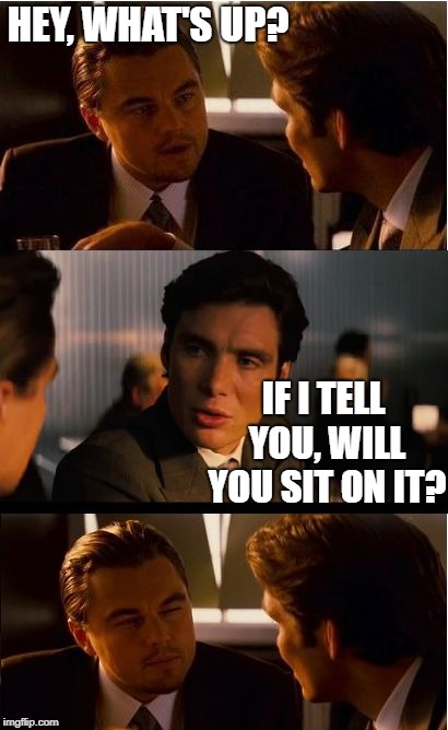 Inception Meme | HEY, WHAT'S UP? IF I TELL YOU, WILL YOU SIT ON IT? | image tagged in memes,inception,funny,jokes | made w/ Imgflip meme maker
