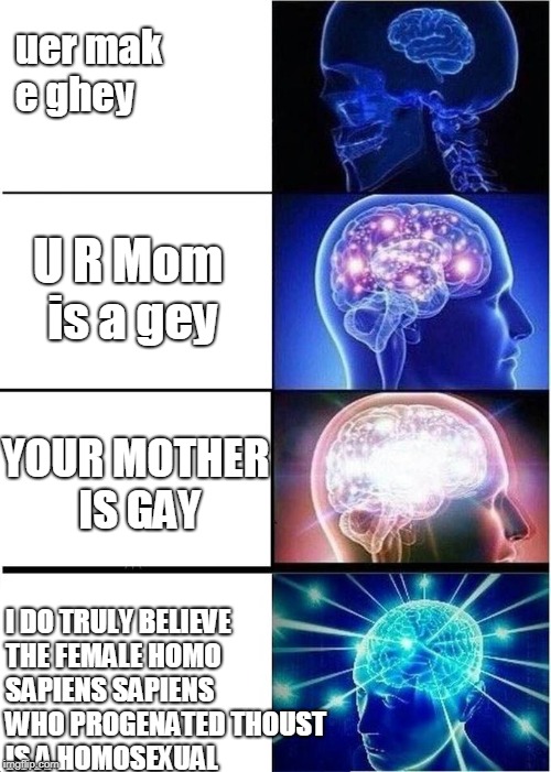the first | uer mak e ghey; U R Mom is a gey; YOUR MOTHER IS GAY; I DO TRULY BELIEVE THE FEMALE HOMO SAPIENS SAPIENS WHO PROGENATED THOUST IS A HOMOSEXUAL | image tagged in levels of intelligence,yung mung,datlinx,datlinx,your mom,ur mom gay | made w/ Imgflip meme maker