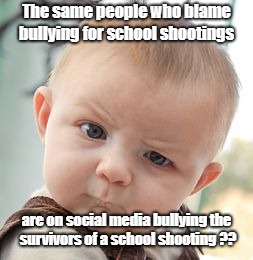 Skeptical Baby | The same people who blame bullying for school shootings; are on social media bullying the survivors of a school shooting ?? | image tagged in memes,skeptical baby | made w/ Imgflip meme maker