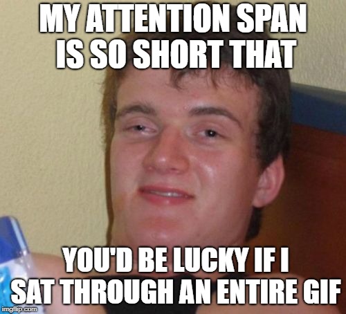 10 Guy | MY ATTENTION SPAN IS SO SHORT THAT; YOU'D BE LUCKY IF I SAT THROUGH AN ENTIRE GIF | image tagged in memes,10 guy,watching gifs | made w/ Imgflip meme maker