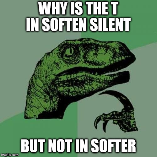 Philosoraptor | WHY IS THE T IN SOFTEN SILENT; BUT NOT IN SOFTER | image tagged in memes,philosoraptor | made w/ Imgflip meme maker