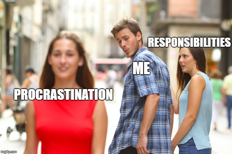 One of my 99 problems | RESPONSIBILITIES; ME; PROCRASTINATION | image tagged in memes,distracted boyfriend,procrastination,responsibilities,99 problems,what am i doing with my life | made w/ Imgflip meme maker