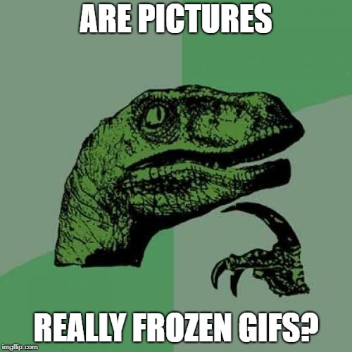 Philosoraptor Meme | ARE PICTURES; REALLY FROZEN GIFS? | image tagged in memes,philosoraptor | made w/ Imgflip meme maker