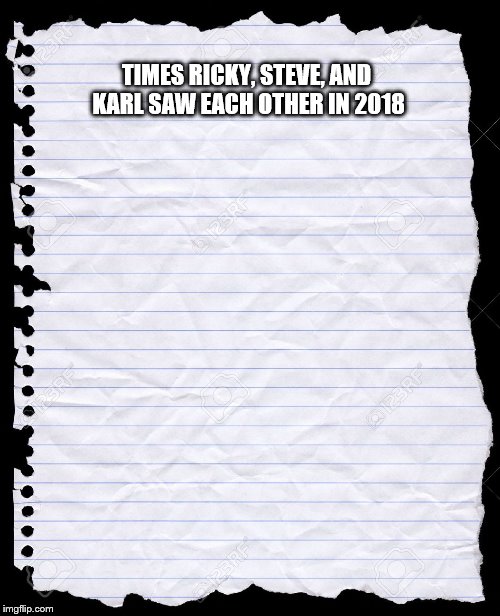 blank paper | TIMES RICKY, STEVE, AND KARL SAW EACH OTHER IN 2018 | image tagged in blank paper | made w/ Imgflip meme maker