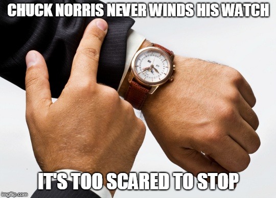 Chuck Norris wrist watch | CHUCK NORRIS NEVER WINDS HIS WATCH; IT'S TOO SCARED TO STOP | image tagged in watch,chuck norris,memes,funny memes | made w/ Imgflip meme maker
