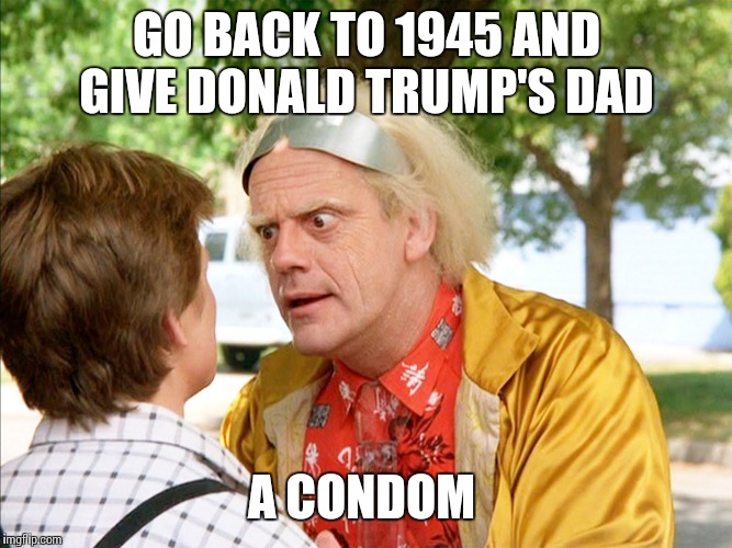 back to the future | GO BACK TO 1945 AND GIVE DONALD TRUMP'S DAD; A CONDOM | image tagged in back to the future | made w/ Imgflip meme maker