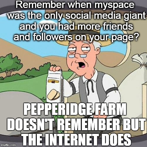 The internet Remembers | Remember when myspace was the only social media giant and you had more friends and followers on your page? PEPPERIDGE FARM DOESN'T REMEMBER BUT THE INTERNET DOES | image tagged in memes,pepperidge farm remembers,myspace,just a thought | made w/ Imgflip meme maker