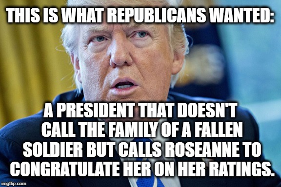 Congratulations | THIS IS WHAT REPUBLICANS WANTED:; A PRESIDENT THAT DOESN'T CALL THE FAMILY OF A FALLEN SOLDIER BUT CALLS ROSEANNE TO CONGRATULATE HER ON HER RATINGS. | image tagged in trump,roseanne,president,potus,republican,republicans | made w/ Imgflip meme maker