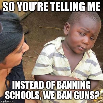 Third World Skeptical Kid Meme | SO YOU’RE TELLING ME; INSTEAD OF BANNING SCHOOLS, WE BAN GUNS? | image tagged in memes,third world skeptical kid | made w/ Imgflip meme maker