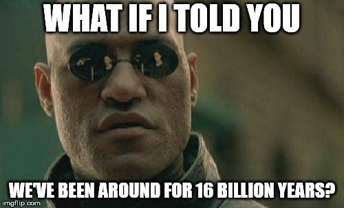 Matrix Morpheus | WHAT IF I TOLD YOU; WE'VE BEEN AROUND FOR 16 BILLION YEARS? | image tagged in memes,matrix morpheus | made w/ Imgflip meme maker