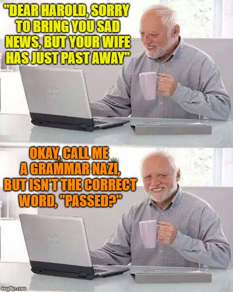 The ultimate grammar nazi! | "DEAR HAROLD, SORRY TO BRING YOU SAD NEWS, BUT YOUR WIFE HAS JUST PAST AWAY"; OKAY, CALL ME A GRAMMAR NAZI, BUT ISN'T THE CORRECT WORD, "PASSED?" | image tagged in hide the pain harold,grammar nazi | made w/ Imgflip meme maker
