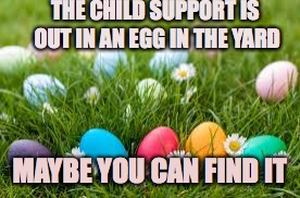 THE CHILD SUPPORT IS OUT IN AN EGG IN THE YARD; MAYBE YOU CAN FIND IT | image tagged in child support | made w/ Imgflip meme maker