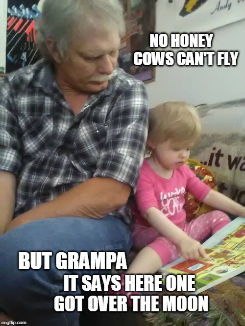She's gonna be a smart one! | NO HONEY   COWS CAN'T FLY; BUT GRAMPA; IT SAYS HERE ONE GOT OVER THE MOON | image tagged in grandfather granddaughter,hi didly didly,family | made w/ Imgflip meme maker