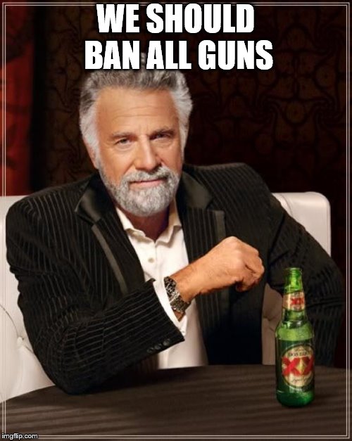 The Most Interesting Man In The World Meme | WE SHOULD BAN ALL GUNS | image tagged in memes,the most interesting man in the world | made w/ Imgflip meme maker