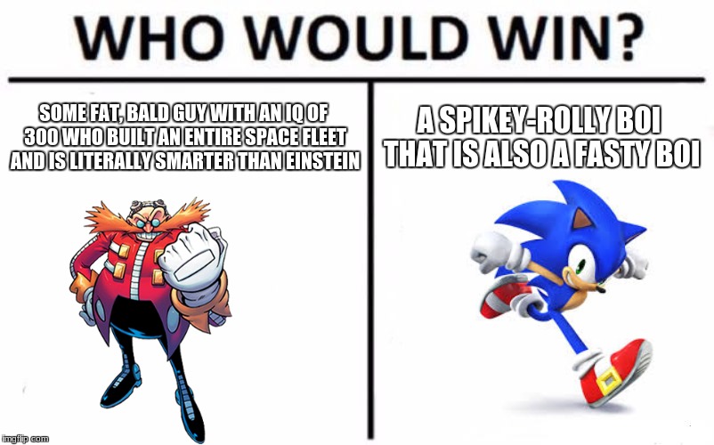 Who Would Win? | SOME FAT, BALD GUY WITH AN IQ OF 300 WHO BUILT AN ENTIRE SPACE FLEET AND IS LITERALLY SMARTER THAN EINSTEIN; A SPIKEY-ROLLY BOI THAT IS ALSO A FASTY BOI | image tagged in memes,who would win | made w/ Imgflip meme maker